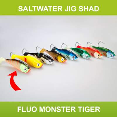 Team Deep Sea Saltwater Jig Shad, 16,0cm, 180g, 1 Kopf + 1 Shad, Fluo Monster Tiger, 16cm - Fluo Monster Tiger - 180 - 1+1Stück