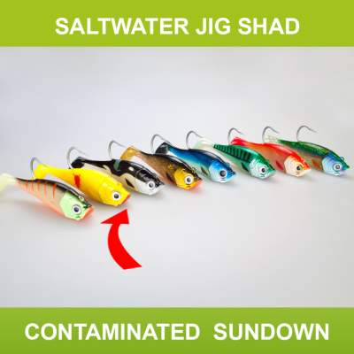 Team Deep Sea Saltwater Jig Shad, 16,0cm, 180g, 1 Kopf + 1 Shad, Contaminated Sundown, - 16cm - Contaminated Sundown - 180 - 1+1Stück