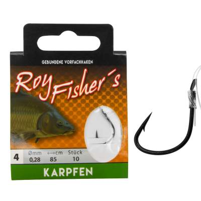 Roy Fishers Gebundene Vorfachhaken Karpfen, Gr. 4 - 85cm - 0,28mm - 10Stück