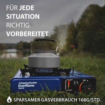 Gaskocher Camping Kocher Everflame 2.3KW Campinggrill inkl. Grillaufsatz, Gaskartusche und Transportkoffer