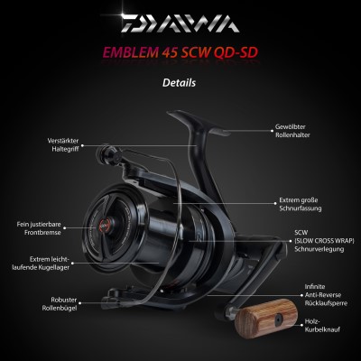 Daiwa 21 Emblem 45 SCW QD SD Karpfenrolle 700m/ 0,35mm - 4,9:1 - 645g