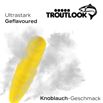 Troutlook Worma Lures - Largos Slim Forellengummi Garlic/Knoblauch - 3,5cm - 15 Stück - Pure Yellow