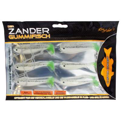 Roy Fishers Der Zander Gummifisch 8cm - Salt-n-Pepper Chartreuse - 6g - 6 Stück