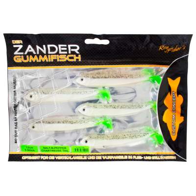 Roy Fishers Der Zander Gummifisch, 12cm - Salt-n-Pepper Chartreuse - 10g - 5 Stück