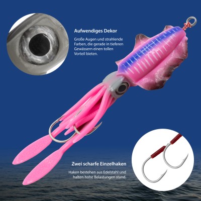 Team Deep Sea Flatter Squid mit 2 Assist Hooks selbstleuchtend Oktopus Tintenfisch Meeresköder 14,5cm - baby squid