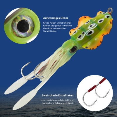 Team Deep Sea Flatter Squid mit 2 Assist Hooks selbstleuchtend, 14,5cm - agressive yellow