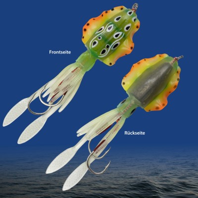 Team Deep Sea Flatter Squid mit 2 Assist Hooks selbstleuchtend Oktopus Tintenfisch Meeresköder 14,5cm - agressive yellow