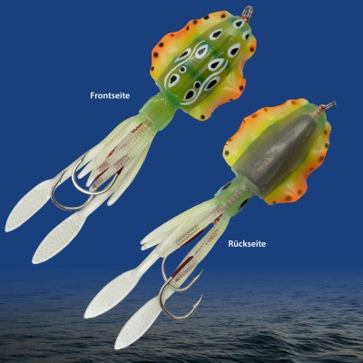 Team Deep Sea Flatter Squid mit 2 Assist Hooks selbstleuchtend, 14,5cm - agressive yellow