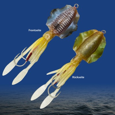 Team Deep Sea Flatter Squid mit 2 Assist Hooks Oktopus Tintenfisch Meeresköder 14,5cm - natural clear