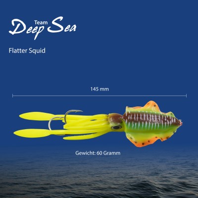 Team Deep Sea Flatter Squid mit 2 Assist Hooks selbstleuchtend, 14,5cm - horny tail