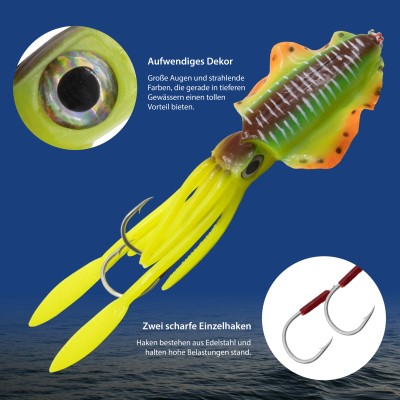 Team Deep Sea Flatter Squid mit 2 Assist Hooks selbstleuchtend Oktopus Tintenfisch Meeresköder 14,5cm - horny tail