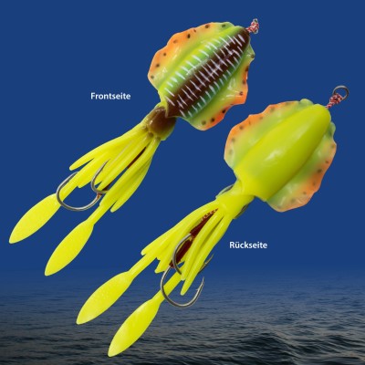 Team Deep Sea Flatter Squid mit 2 Assist Hooks selbstleuchtend Oktopus Tintenfisch Meeresköder 14,5cm - horny tail