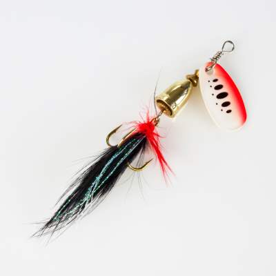 Fishdream Klassischer Spinner mit Feder 9cm - weiß/gold/rot - schwarze Punkte - 5g - 1Stück