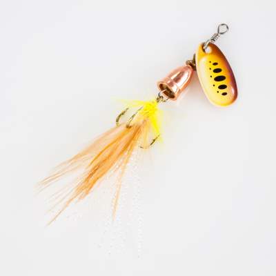 Fishdream Klassischer Spinner mit Feder 9cm - weiß/braun/kupfer/schwarze punkte - 5g - 1Stück