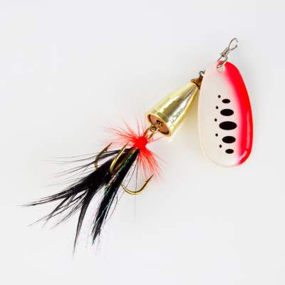 Angel Domäne Klassischer Spinner mit Feder, 10cm - weiß/gold/rot - schwarze Punkte - 13g - 1Stück