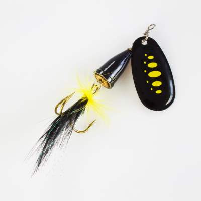 Angel Domäne Klassischer Spinner mit Feder, 10cm - black fury/gelb - 13g - 1Stück