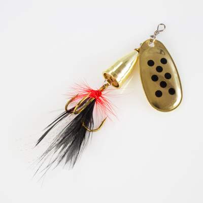 Angel Domäne Klassischer Spinner mit Feder 10cm - gold/schwarze Punkte - 13g - 1Stück