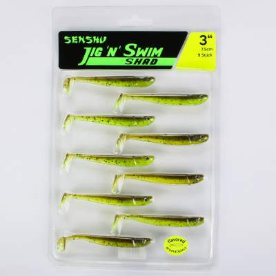 Senshu Jig 'n' Swim Shad, 7.5cm - UV Chartreuse Brownie - 2g - 9 Stück