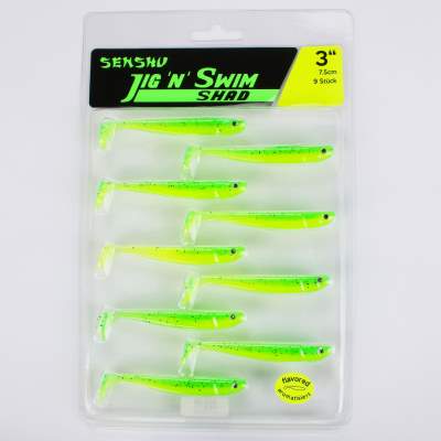 Senshu Jig 'n' Swim Shad, 7.5cm - UV Chartreuse Bandit - 2g - 9 Stück