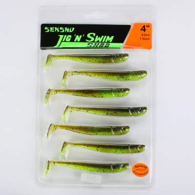 Senshu Jig 'n' Swim Shad, 9.5cm - UV Chartreuse Brownie - 6g - 7 Stück