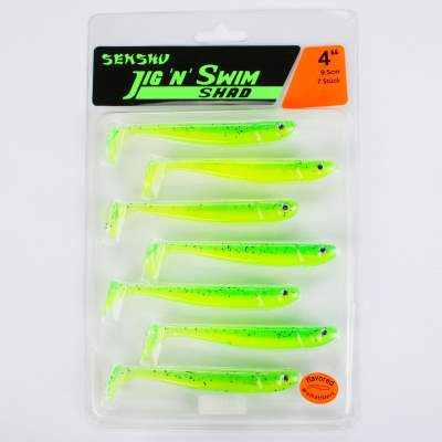 Senshu Jig 'n' Swim Shad, 9.5cm - UV Chartreuse Bandit - 6g - 7 Stück