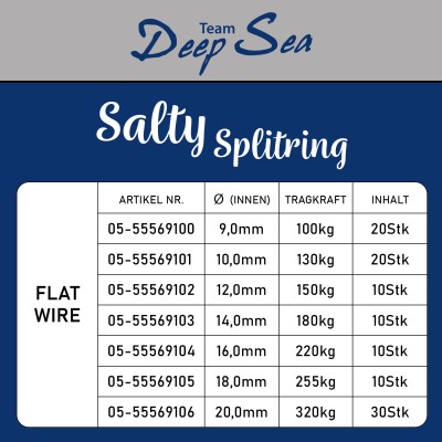 Team Deep Sea Salty Splitring Stainless Steel, Flat - 9mm - 100kg - 20Stück