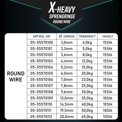 X-Heavy Sprengring Edelstahl Spaltring Rund - 12mm - 35kg - 15Stück