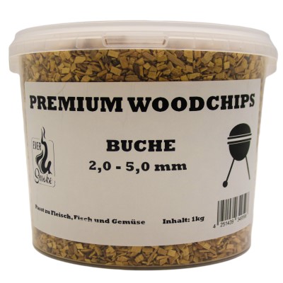 Eversmoke Premium Woodchips Buche 2,0-5,0 mm 1kg im praktischen Eimer Woodchips
