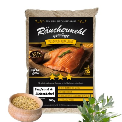 Eversmoke Premium Räuchermehl Extra Fein gewürzt 500g - 0,2-1,25mm - Senfsaat + Liebstöckel