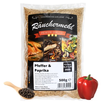 Eversmoke Premium Räuchermehl Extra Fein gewürzt, 500g - 0,2-1,25mm - Pfeffer + Paprika