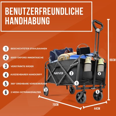 NAYVER 4 Wheel Camping Trolley - faltbarer Handwagen Schwarz - 4,6kg - Tragkraft 80kg - 1 Stück