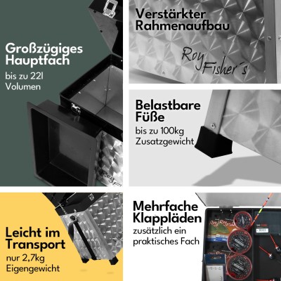 Roy Fishers Alu Sitzkiepe 2 ladig 38x36,5x26 mit Futterwanne und Tragegurt