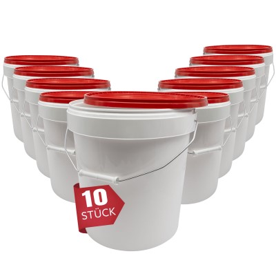 Kunststoffeimer weiß mit rotem Deckel 16l - Metallbügel - 10 Stück