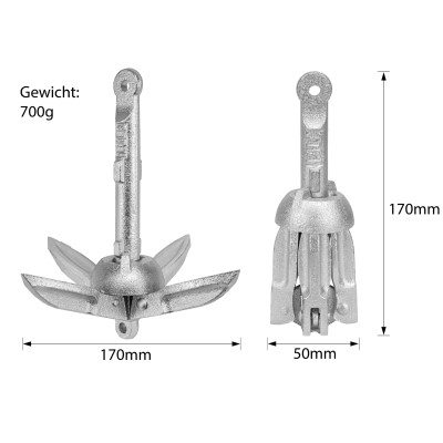 Waterside Klappbarer Draggen Anker (Bootsanker, Belly Boat Anker) Klappanker 700g