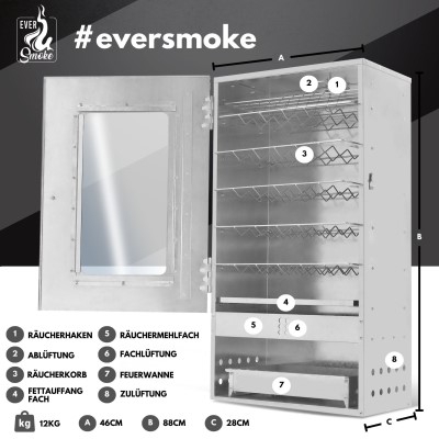 Eversmoke Edelstahl Räucherofen Magnum VA mit Scheibe inkl. Thermometer, 46x28x88cm