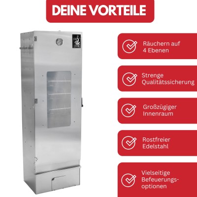 Eversmoke Räucherofen Excellent II Large Elektro Large - 44x28x120cm - Edelstahl mit Sichtscheibe und Elektro-Heizelemt - 1Stück