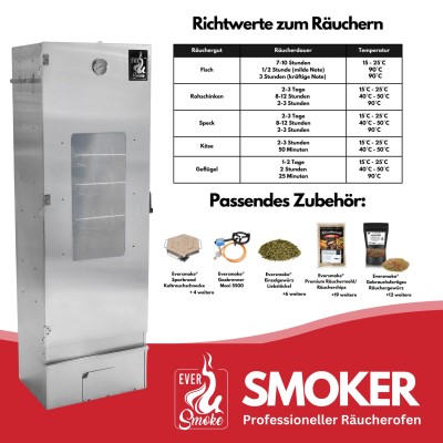 Eversmoke Räucherofen Excellent II Large Elektro Large - 44x28x120cm - Edelstahl mit Sichtscheibe und Elektro-Heizelemt - 1Stück