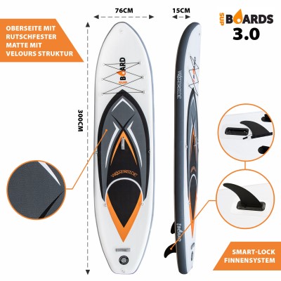 Waterside SUP 3.0 X-Bay white Edition, weiß - 3,00m x 0,76m x 0,15m