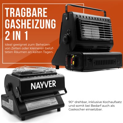 NAYVER Butangas Camping Heizung 1300Watt Bundle inkl. 4 Gaskartuschen Butan/Propan