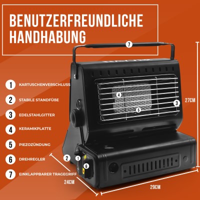 NAYVER Butangas Camping Heizung 1300Watt Bundle inkl. 4 Gaskartuschen Butan/Propan und Kochset 4.-tlg.