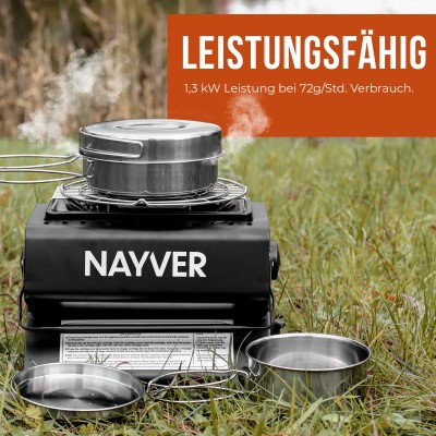 NAYVER Butangas Camping Heizung 1300Watt Bundle, inkl. 4 Gaskartuschen Butan