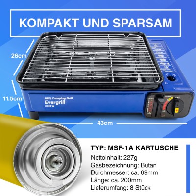 Butangas Camping Grill Evergrill inkl. 8 Gaskartuschen inkl. 8 Kartuschen (MSF-1A)
