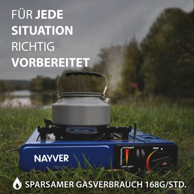NAYVER Gaskocher Camping Kocher + 4 Gaskartuschen (Propan-Butan) & Kochset inkl. Transportkoffer