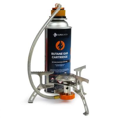 EuroCatch Faltbarer Gaskocher 2200W inkl. Adapter - Campingkocher mit Transportbox Camping Kocher mit Transportbox - Travel Version