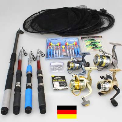 Angel Domäne Angelset WM 2 mit 4 Ruten, 4 Rollen, Haken, Zubehör, Köder etc.,