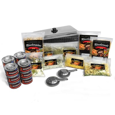 Eversmoke Premium Räucherset Tischräucherofen mit Brennpaste, Fondue-Brenner, Räucherlake, Räuchergewürz & Räuchermehl,