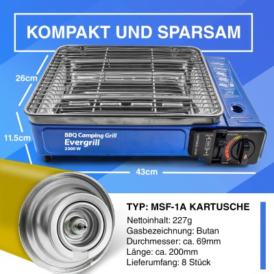 Butangas Camping Grill Evergrill inkl. 8 Gaskartuschen, inkl. 8 Kartuschen (MSF-1A)