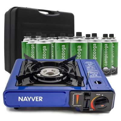 NAYVER Gaskocher Camping Kocher + 12 Gaskartuschen und Transportkoffer inkl. 12 Gaskartuschen und Transportkoffer