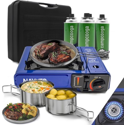 NAYVER Gaskocher Camping Kocher + 4 Gaskartuschen & Kochset inkl. Transportkoffer