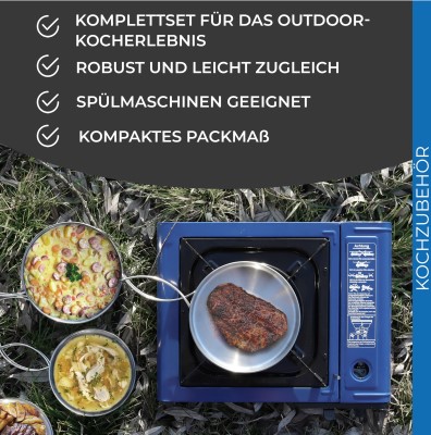 Gaskocher Camping Kocher Everflame 2.3KW inkl. Kartuschen & Kochset, inkl. Transportkoffer